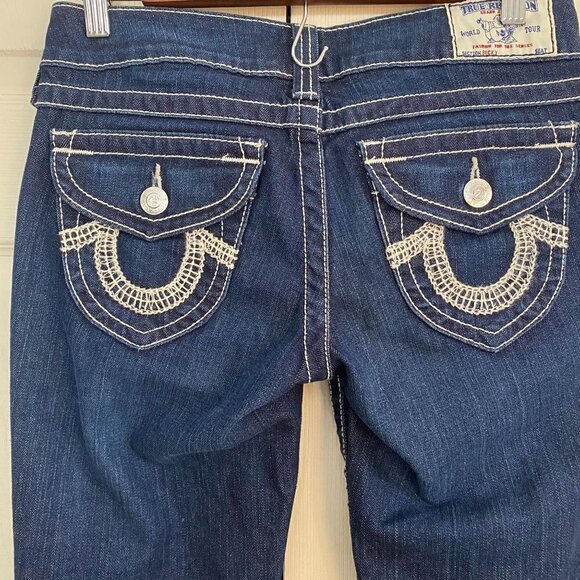 True Religion Becky Button Flap Logo Pockets Dark Whiskered Contrast Stitch Jean - Picture 7 of 9